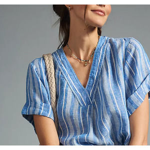 Anthropologie Pilcro Linen Striped Short Sleeve Henley Surf Shirt Medium